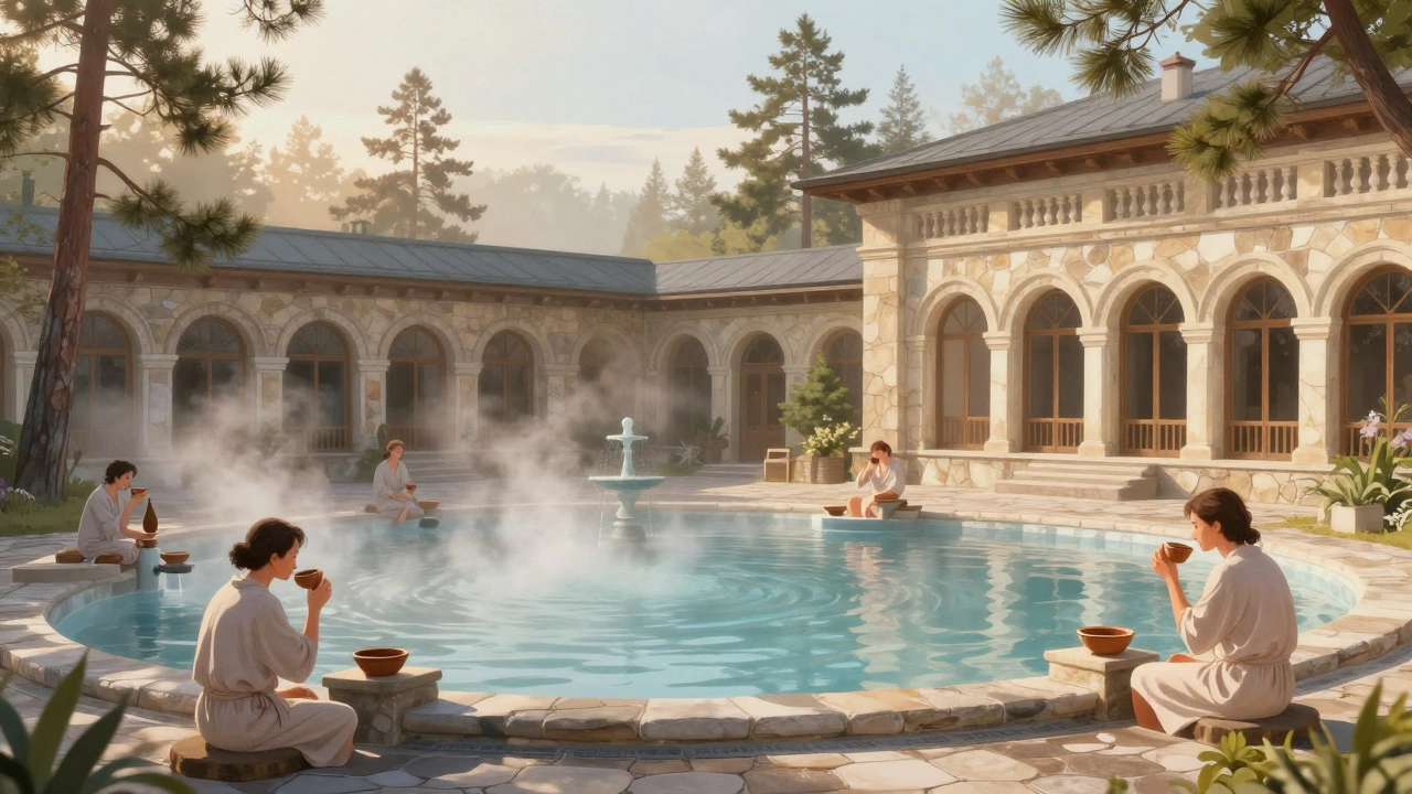 Спа-комплекс в Ессентуках с минеральными источниками, посетители пьют воду среди соснового леса.