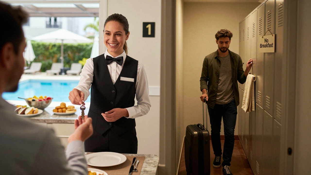 Сравнение: отель с консьержем и бассейном слева, гостиница с лестницей и тюбиком справа.