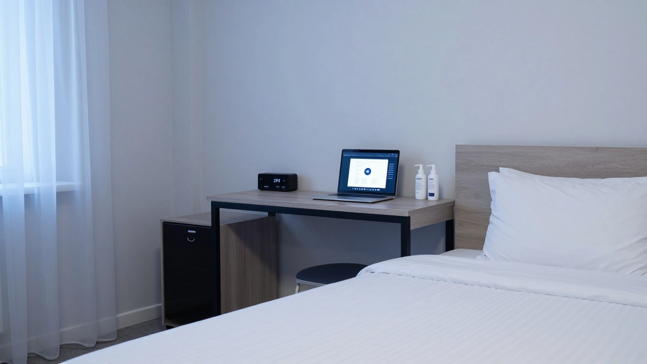 Стандартный номер отеля с минималистичной мебелью, ноутбуком на столе и стерильной атмосферой.