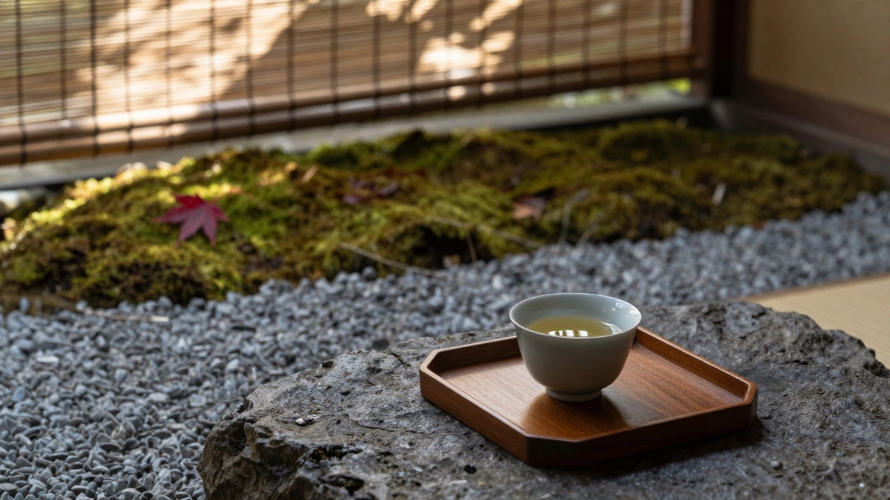 Японская чайная церемония в Киото, чашка на деревянном подносе, тихий сад камней и мягкий свет.