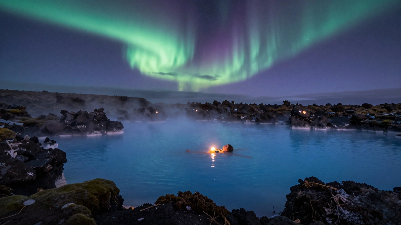 Человек погружён в термальный источник в Исландии под северным сиянием, вулканические камни и пар вокруг.