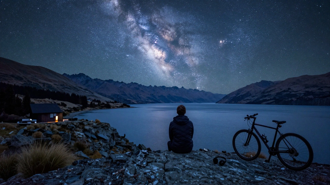 Человек сидит на скале в Новой Зеландии под звёздным небом, рядом велосипед и выключенный телефон.