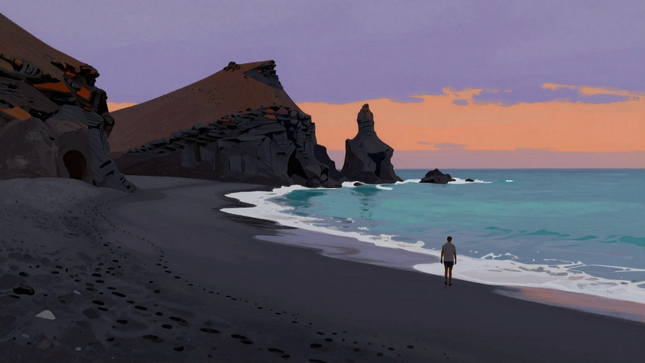 Чёрный песок и скалы-соборы на Лансароте, закатное небо, безлюдный пляж, океан шепчет на фоне.