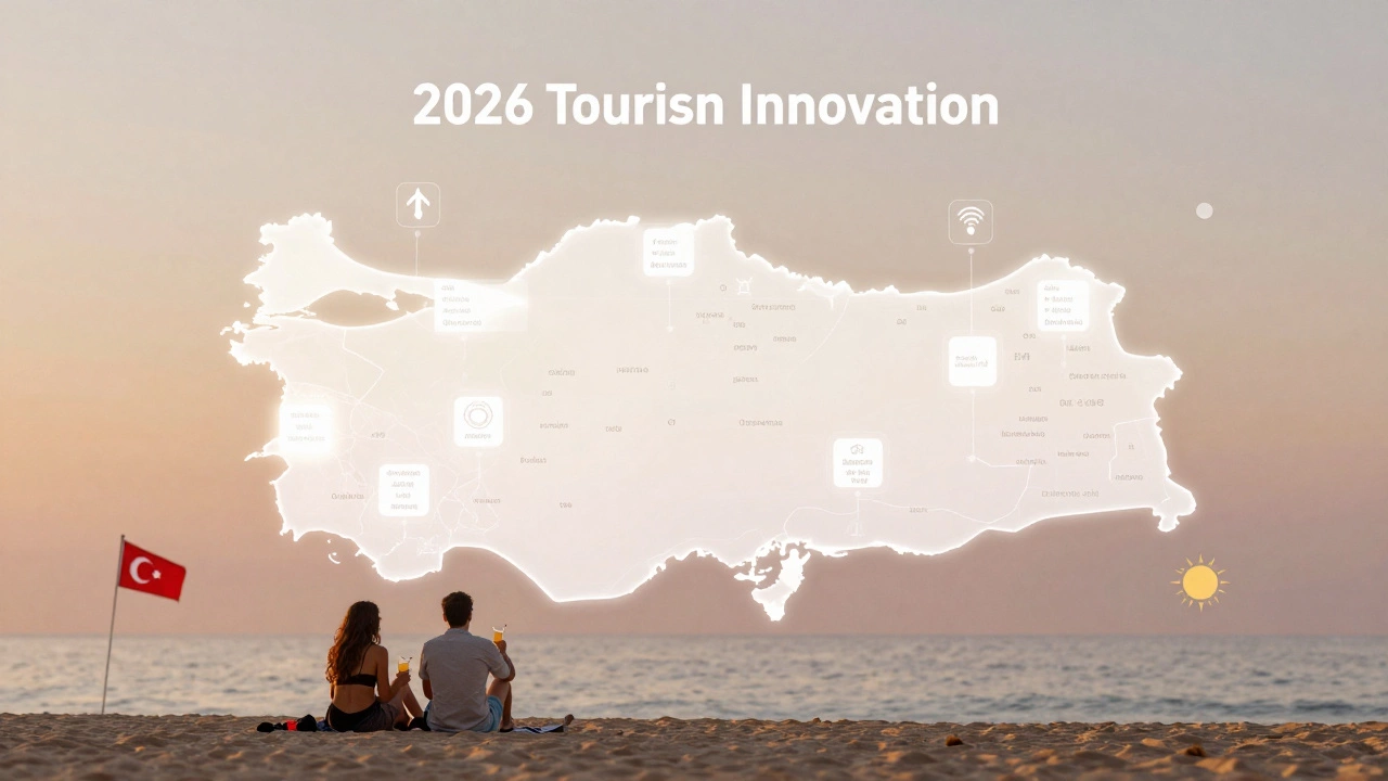 Цифровая карта Турции с авиарейсами и услугами, над пляжем с отдыхающими.