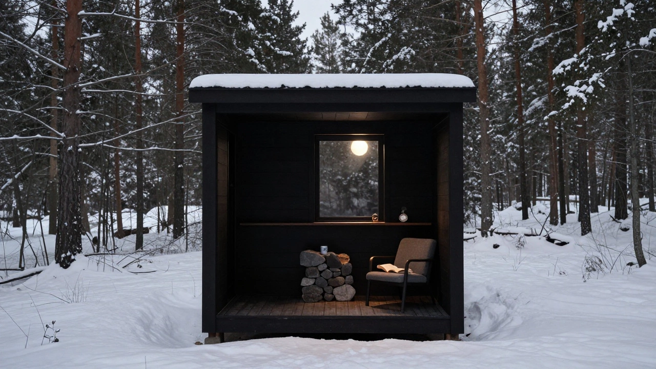 Деревянный коттедж в лесу Швеции с огнём, книгой и компасом в тишине.