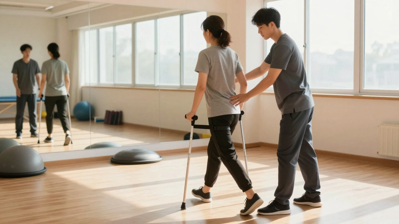 Физиотерапевт помогает пациенту выполнять лечебное упражнение с тростью в зале.