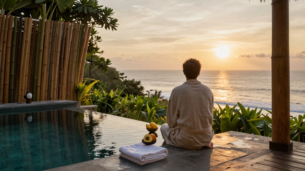 Гость в льняном халате у приватного бассейна в Аманикла, Бали, на рассвете.