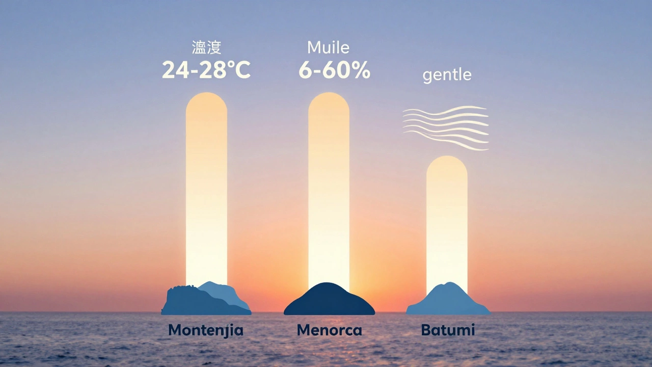 Идеальный климат лета: три элемента — температура, влажность, ветер — над пятью курортами, спокойная атмосфера.