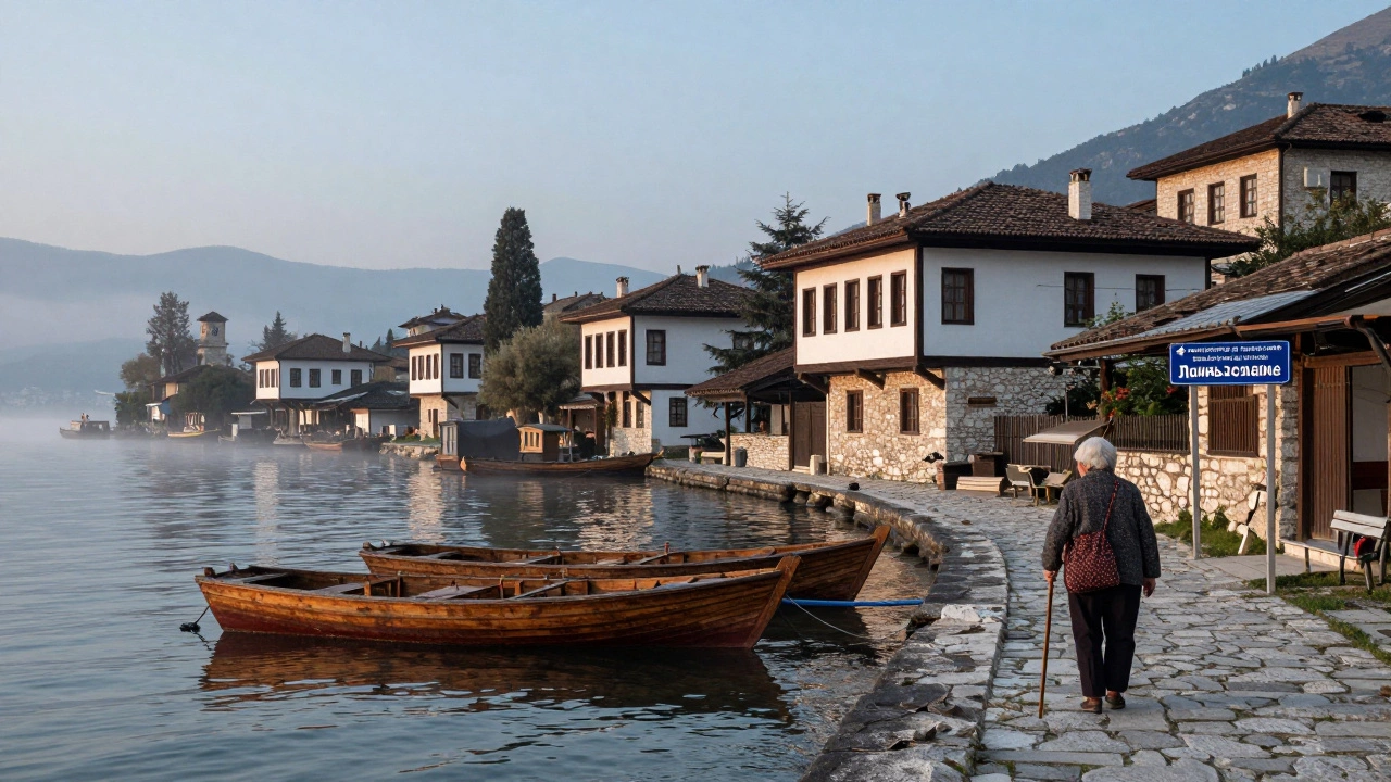 Охридское озеро в Северной Македонии с русскими указателями и туманом на рассвете