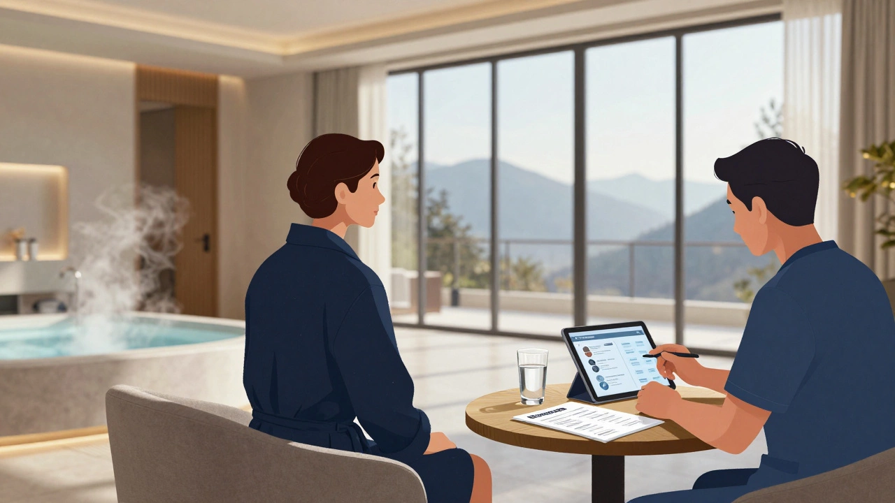 Пациент получает индивидуальное лечение в люксовом санатории с видом на горы, врач анализирует данные на планшете.