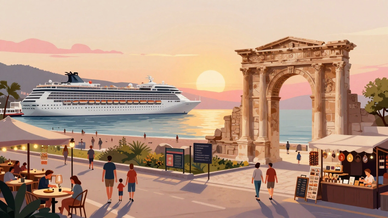 Панорама Антальи на закате: древние руины и современные отели у синего моря.