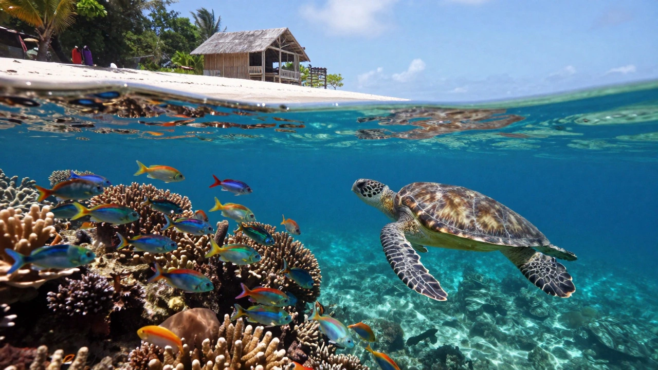 Подводный вид кораллового рифа в Белизе: рыбы, черепаха и солнечные лучи в прозрачной воде, без следов человека.