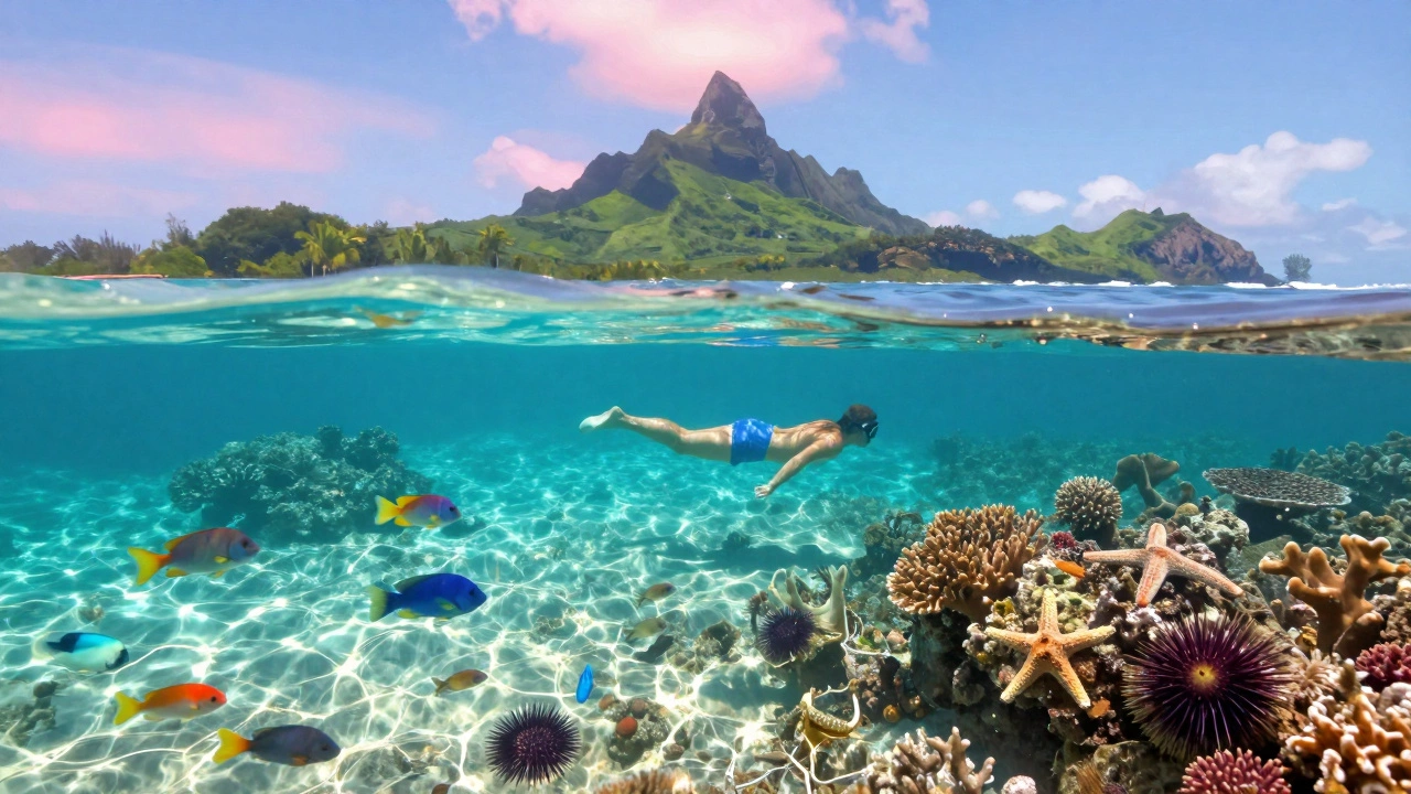 Прозрачная вода Бора-Бора с видимыми морскими звездами и кораллами, без пластика.