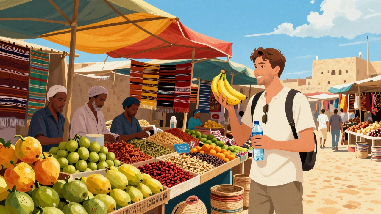 Рынок в Хургаде, Египет: турист выбирает фрукты среди ярких прилавков.