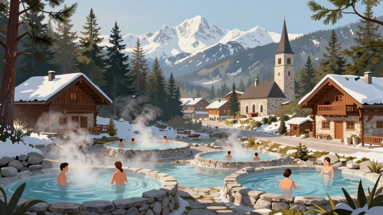 Сербский термальный курорт в горах с парящим паром и деревянными домами