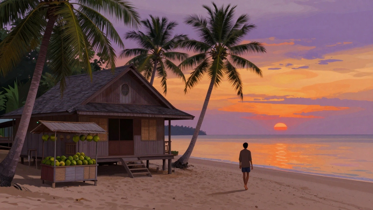 Уединенный бунгало в Таиланде на пустынном пляже на закате, без толп и построек.