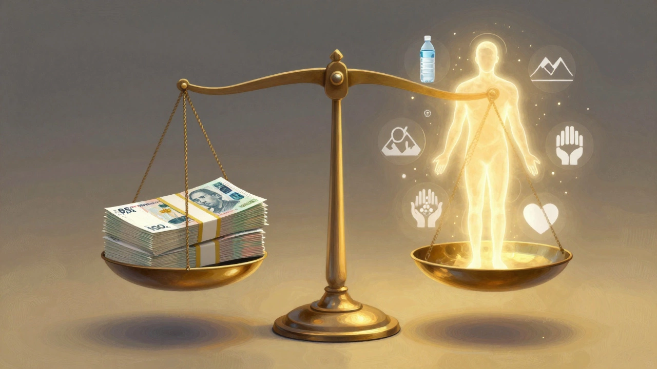 Весы с деньгами с одной стороны и здоровым человеком с лучами энергии с другой — символ инвестиции в здоровье.