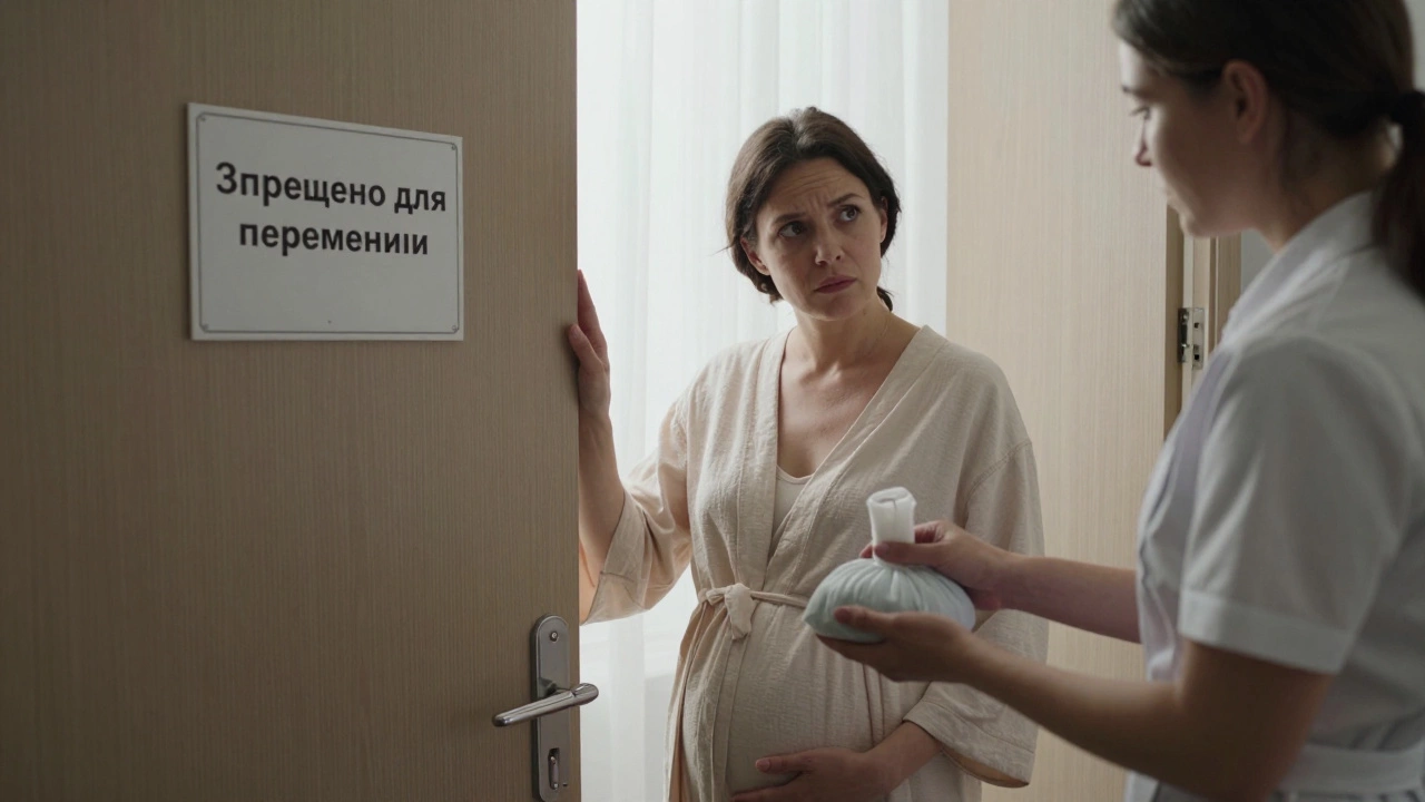 Беременная женщина получает обёртывание вместо ванны, медсестра рядом