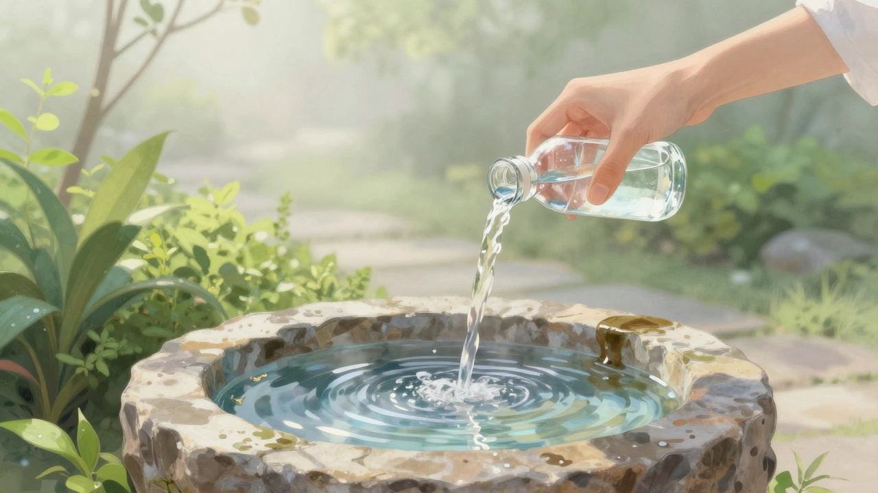 Человек пьёт минеральную воду из естественного источника в санаторном саду.