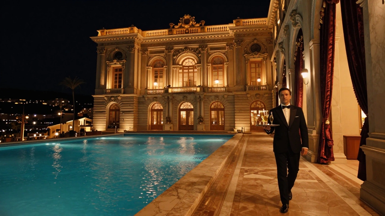 Дворец Пале де ля Медитерране ночью, горничный с подносом, подводная музыка в бассейне.
