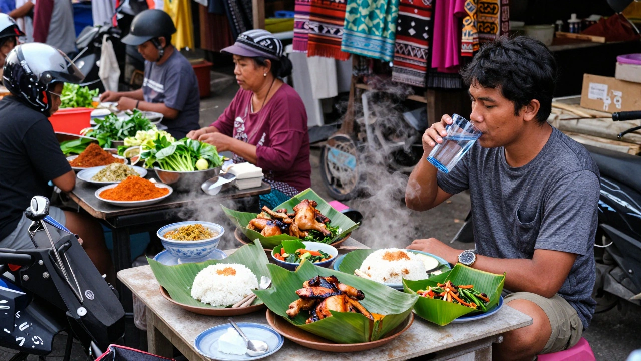 Местный рынок в Убуде: традиционная еда, фильтрованная вода и мотоцикл — атмосфера подлинного отдыха.