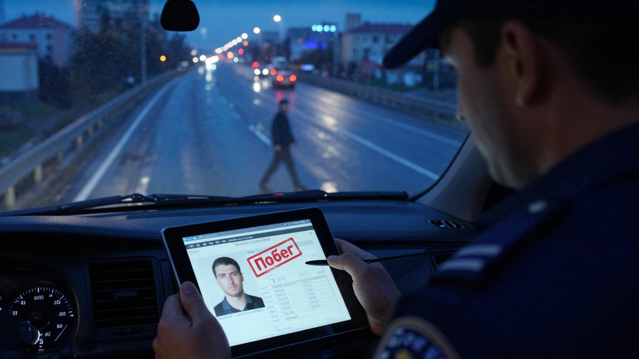 Полицейский смотрит на экран с данными сбежавшего пациента, за окном — фрагмент видео с дороги.