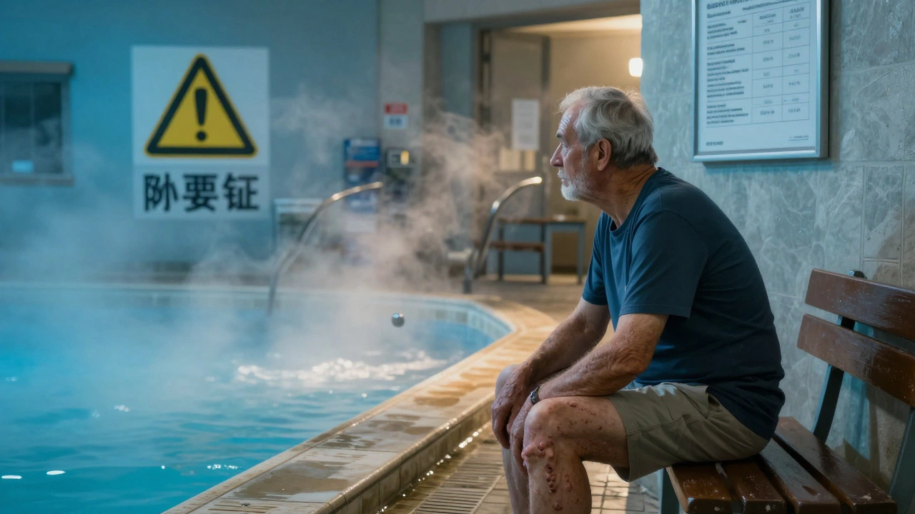 Пожилой мужчина с варикозом смотрит на вход в ванну, на стене предупреждение