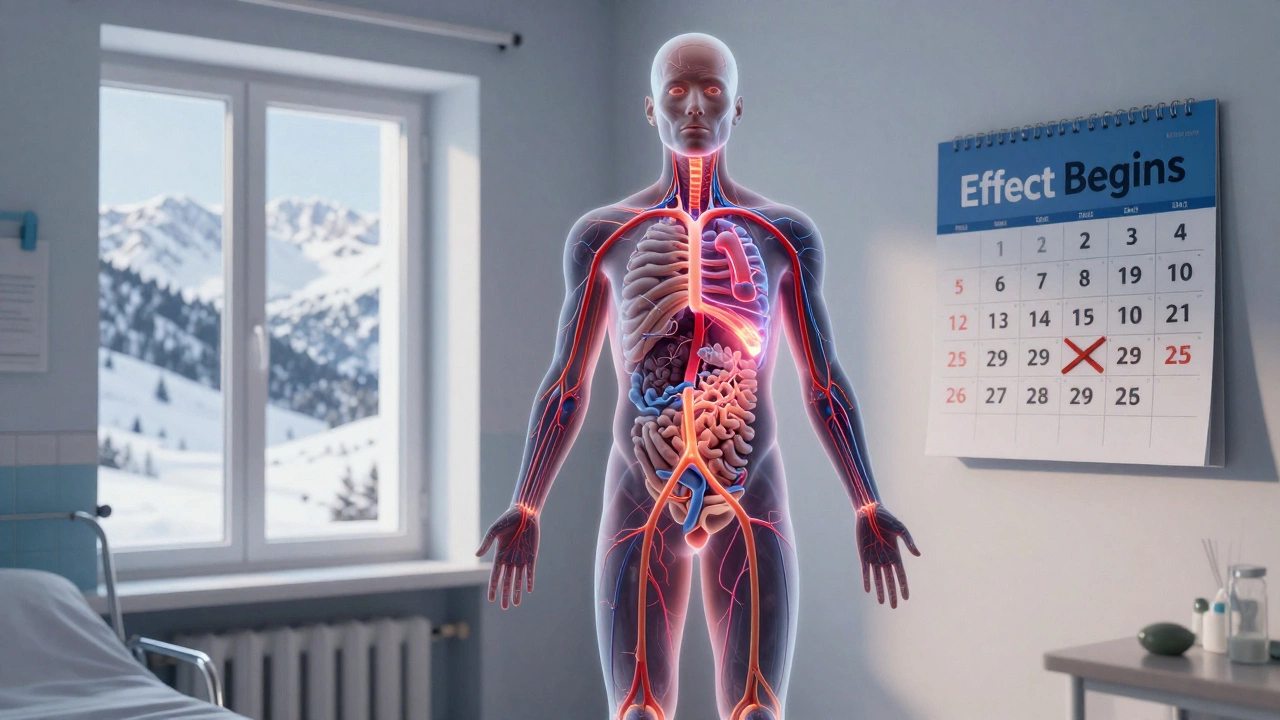 Прозрачный силуэт тела с внутренними процессами исцеления, расположенный в комнате санатория с видом на горы.