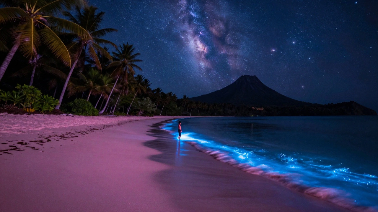Розовый пляж в Папуа — Новой Гвинее ночью, где вода светится биолюминесцентными планктонами.