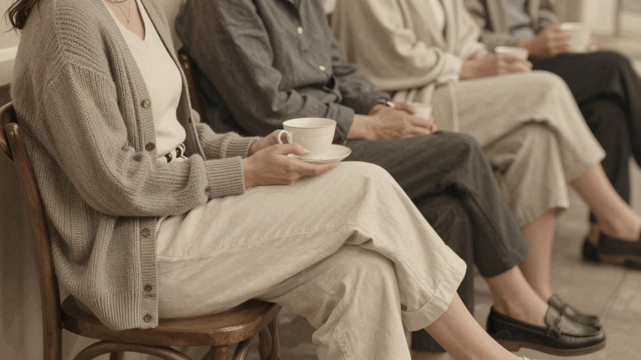 Руки в вязаном кардигане держат чашку чая, за спиной — приглушённые фигуры других гостей в умеренной одежде.