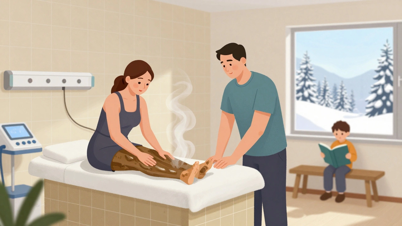 Семья получает лечебные процедуры в санатории зимой, за окном снег, внутри тепло и уютно.