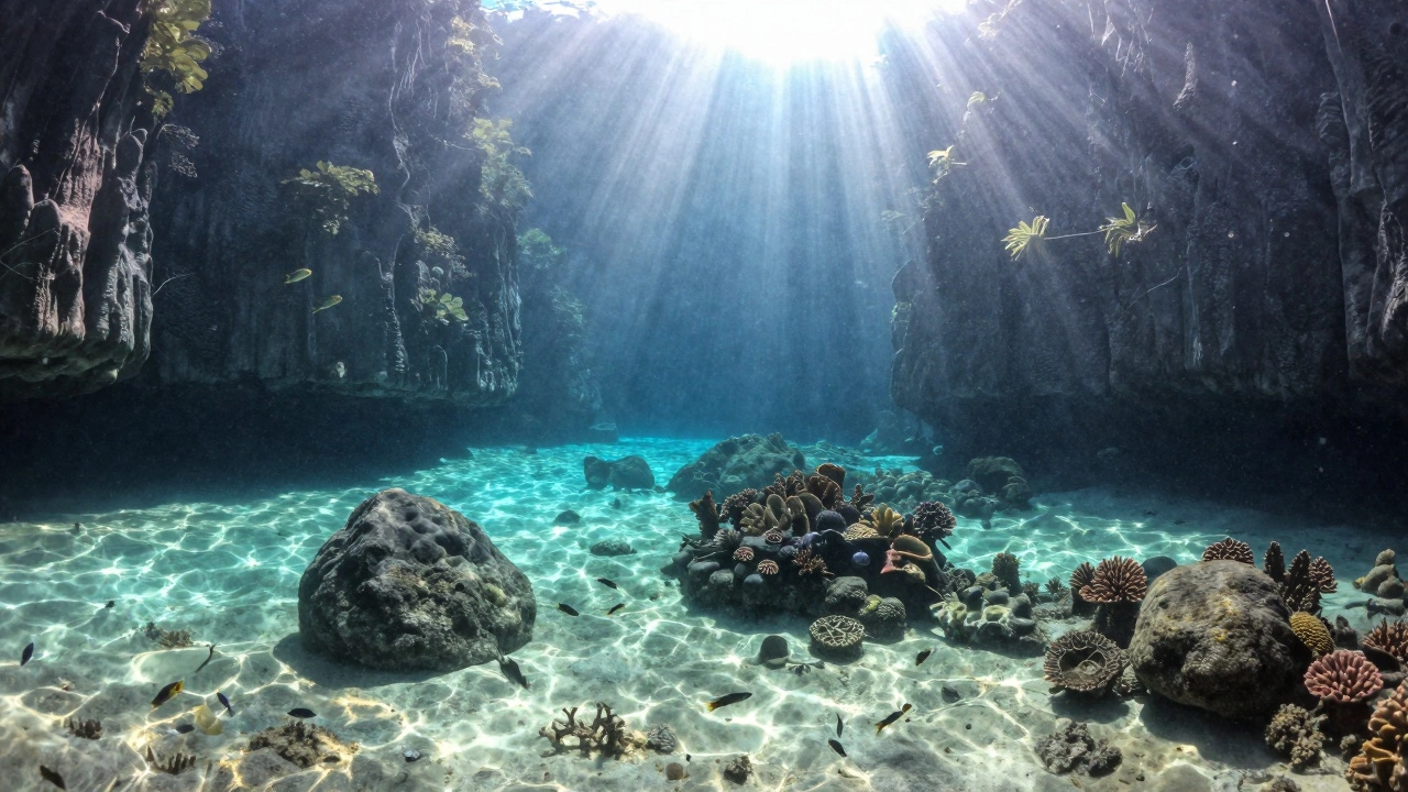 Тайное озеро в Палаване: солнечные лучи освещают дно под водой.