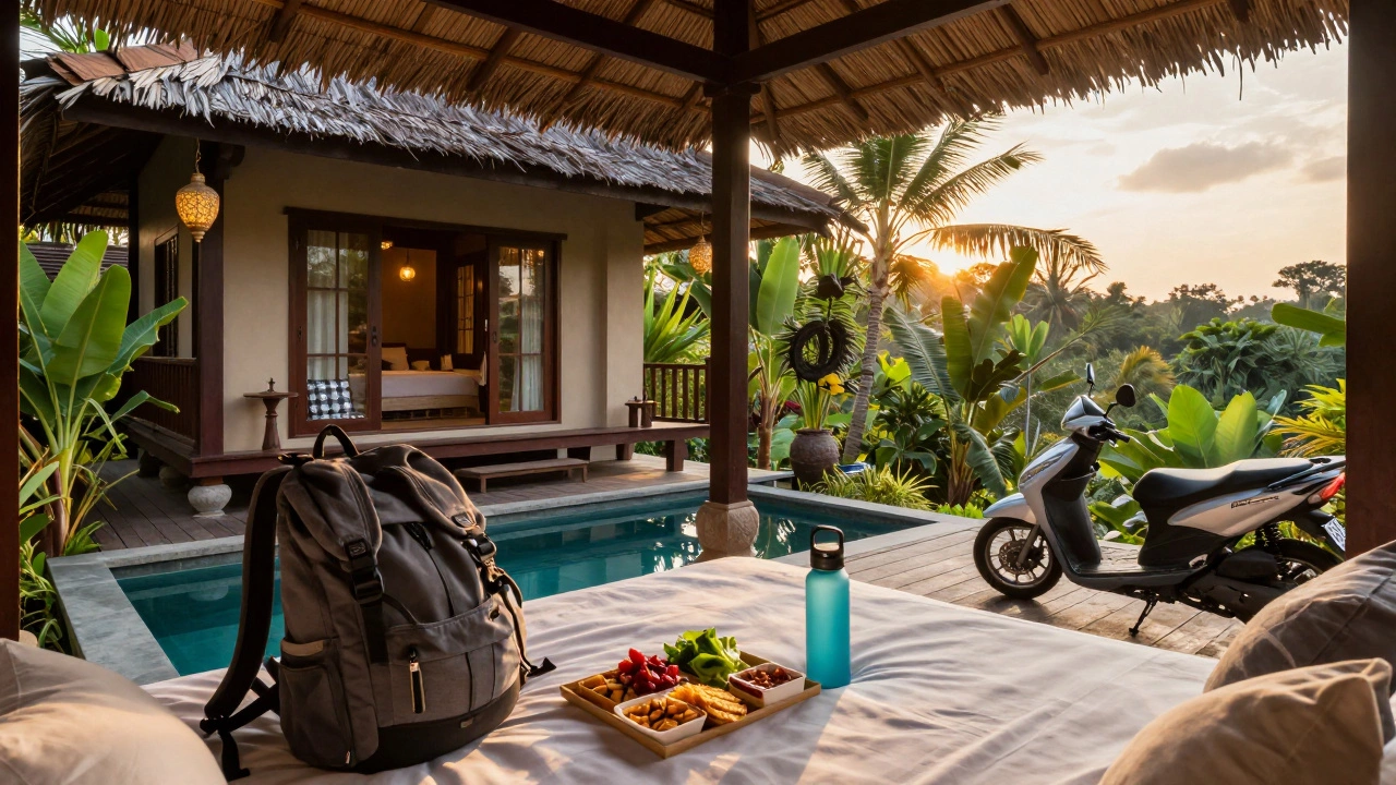 Уютный бунгало на Бали с бассейном, мотоциклом и фильтрованной водой — спокойный закатный пейзаж.