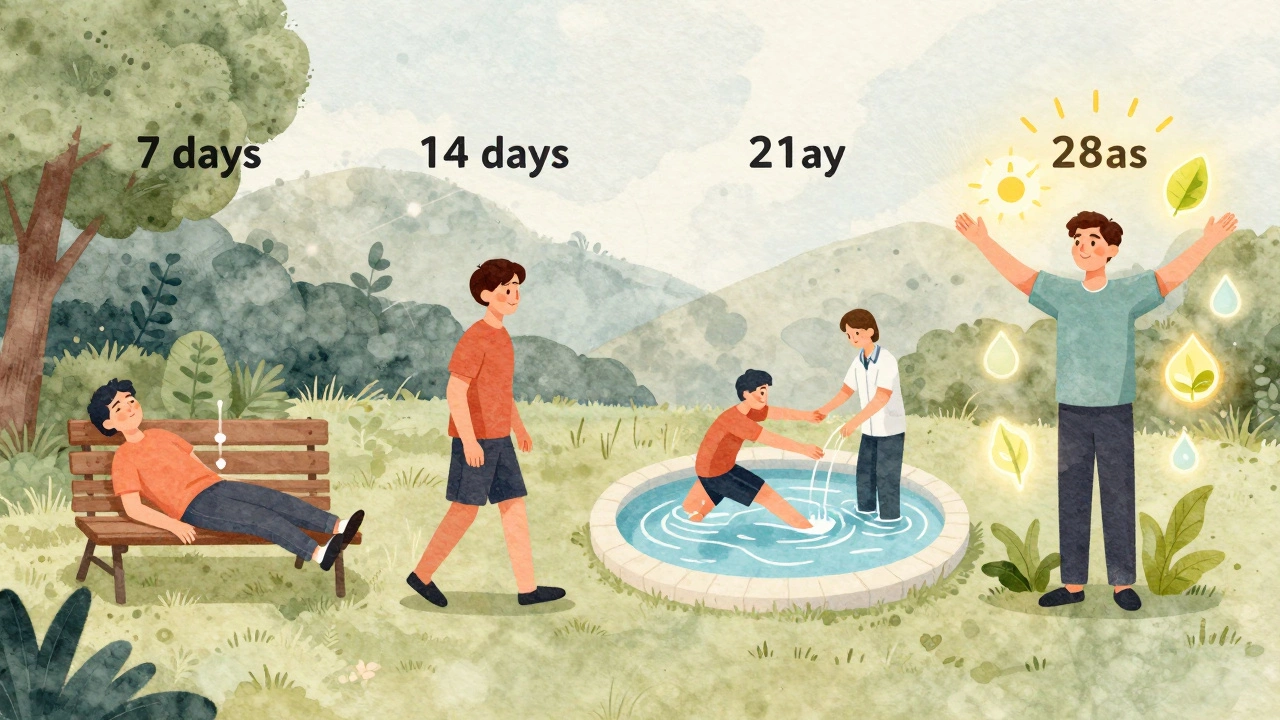 Визуальная хронология восстановления в санатории: от усталости к энергии через 7, 14, 21 и 28 дней.