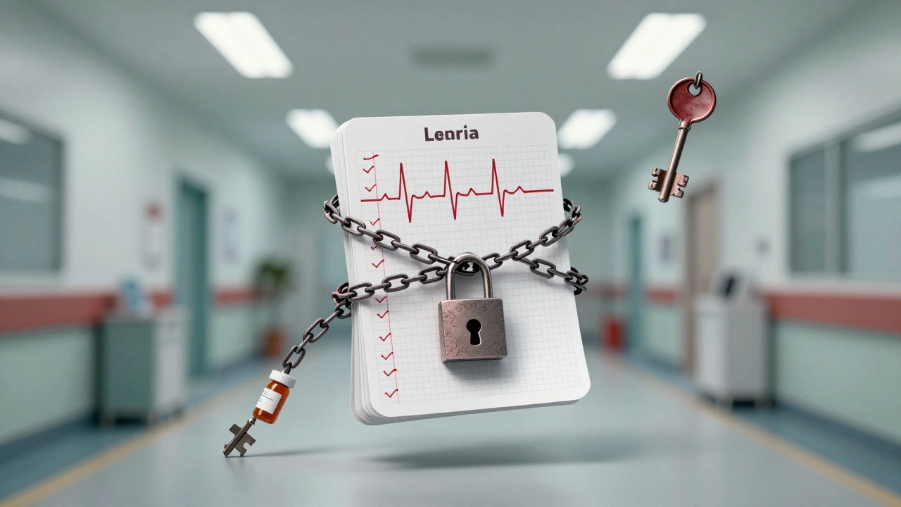 Закрытая медицинская карта окружена цепями из бутылок и линий ЭКГ, ключ в виде руки висит в воздухе.