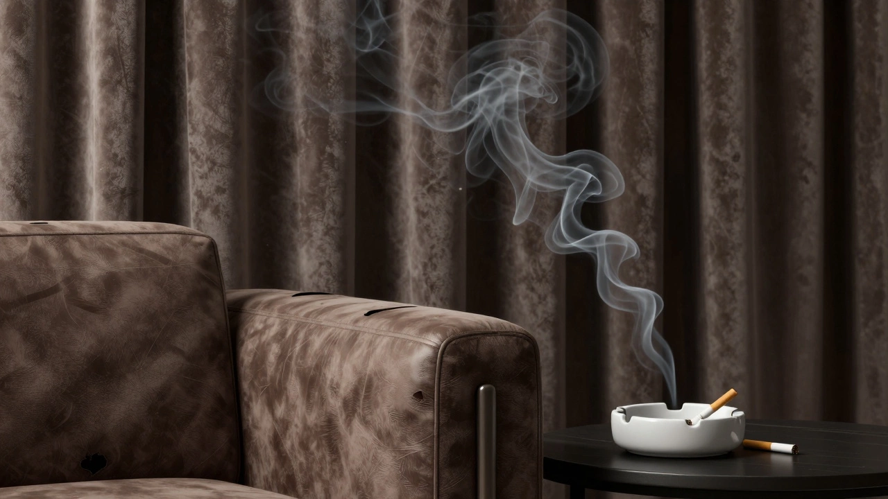 Дым от сигареты проникает в ткань штор гостиной номера.
