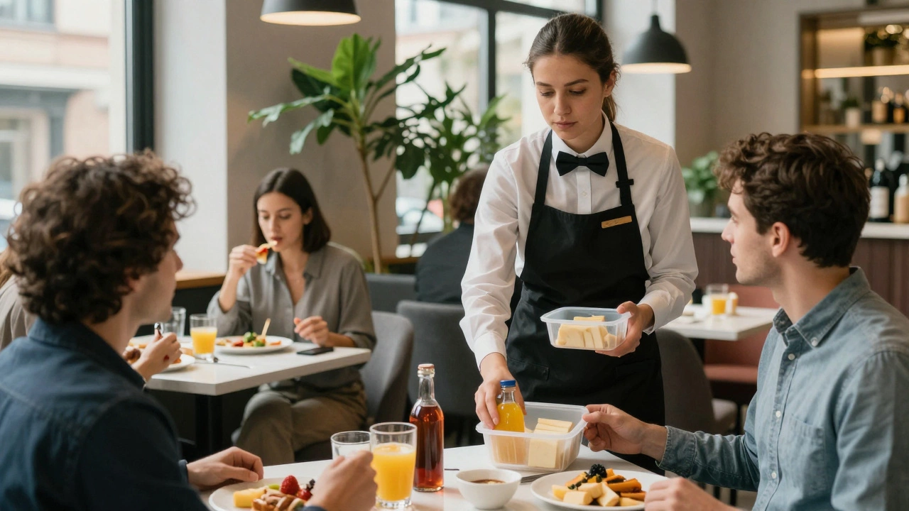 Гость кладет упакованные соки и сыр в контейнер, персонал отеля наблюдает с одобрением.