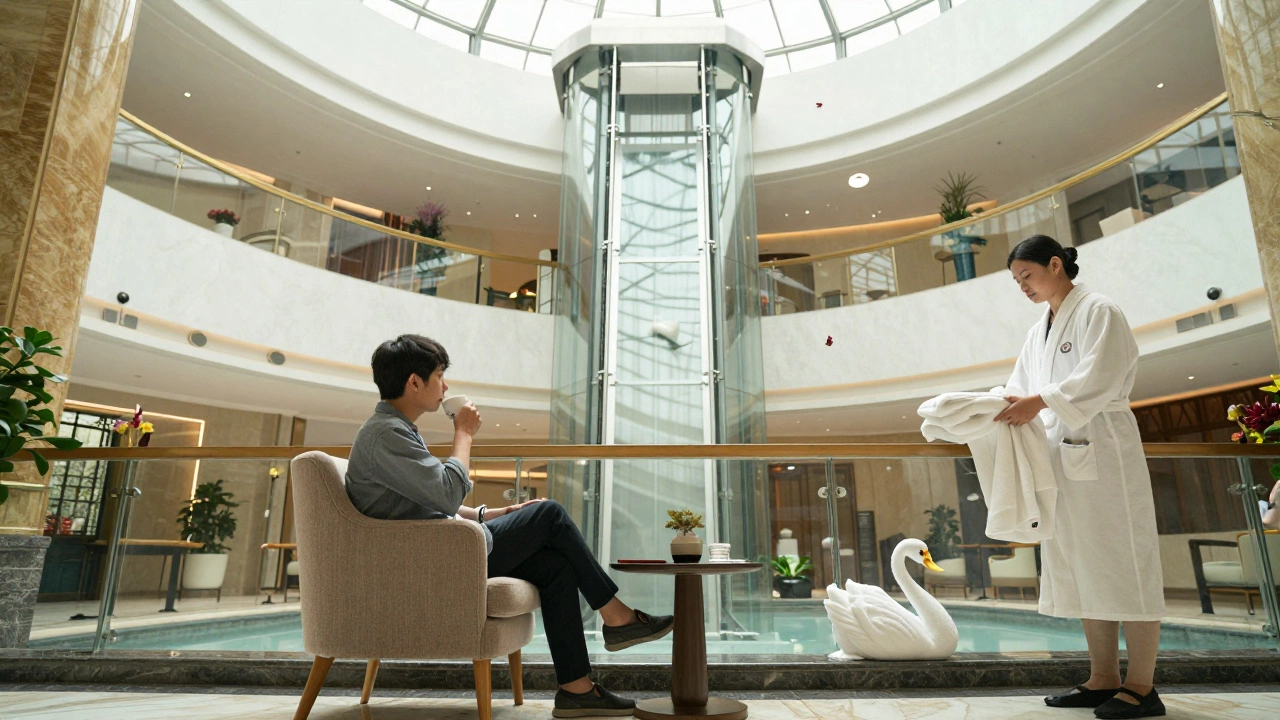 Гость в кресле за 00 в лобби отеля, смотрит на стеклянный лифт, поднимающийся в центре атриума.