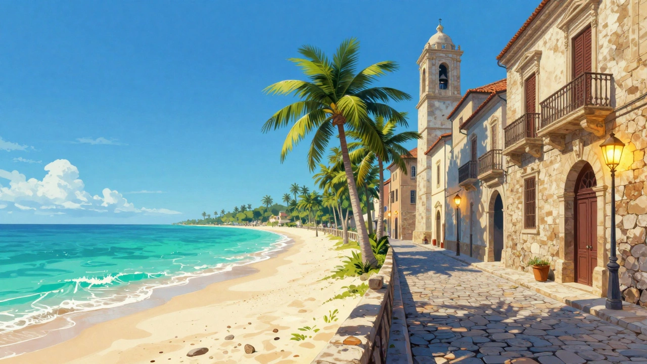 Коллаж пляжа и европейского города для выбора отдыха