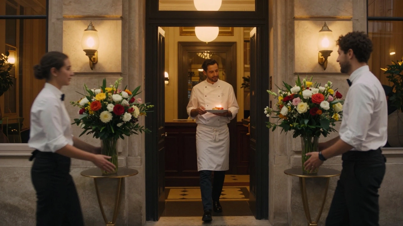 Лобби парижского отеля в закатном свете с персоналом и шеф-поваром.