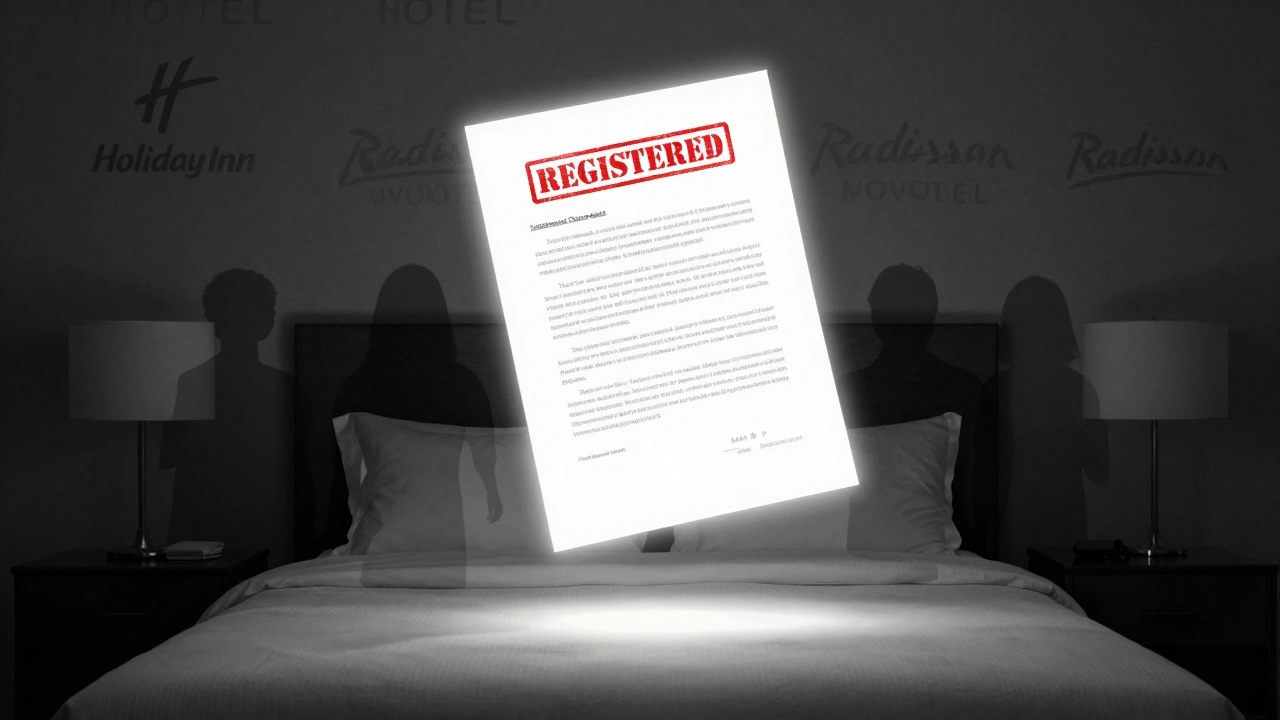 Прозрачные силуэты незарегистрированных гостей над кроватью, над ними светящийся штамп 'Зарегистрирован'.