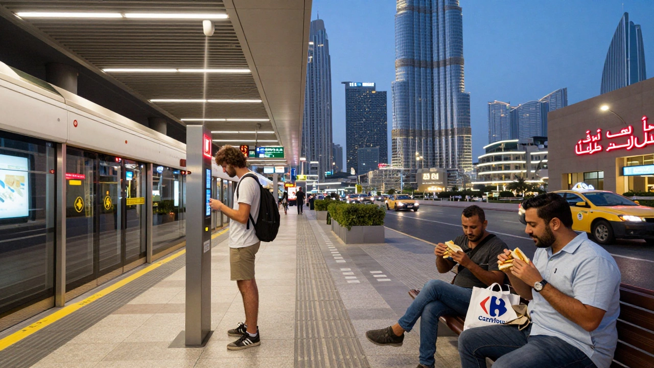 Путешественник в метро Дубая, рядом — пара с едой из супермаркета, на фоне — Бурдж-Халифа