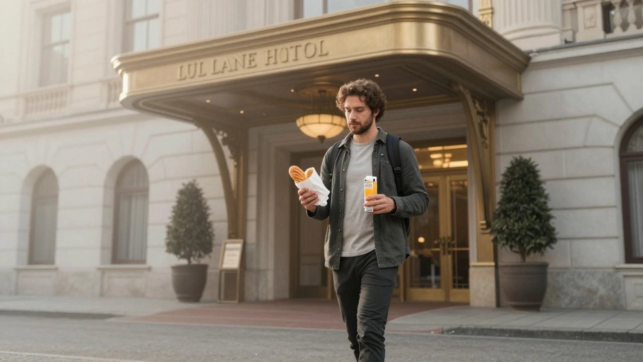 Путешественник выходит из роскошного отеля с пирожным и коробкой апельсинового сока.