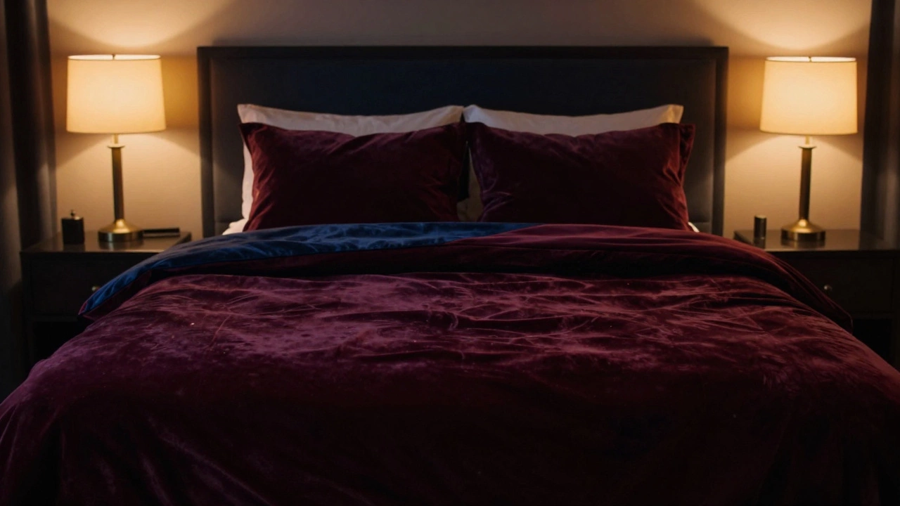 Роскошная двуспальная кровать в затемненной комнате при мягком свете ночников