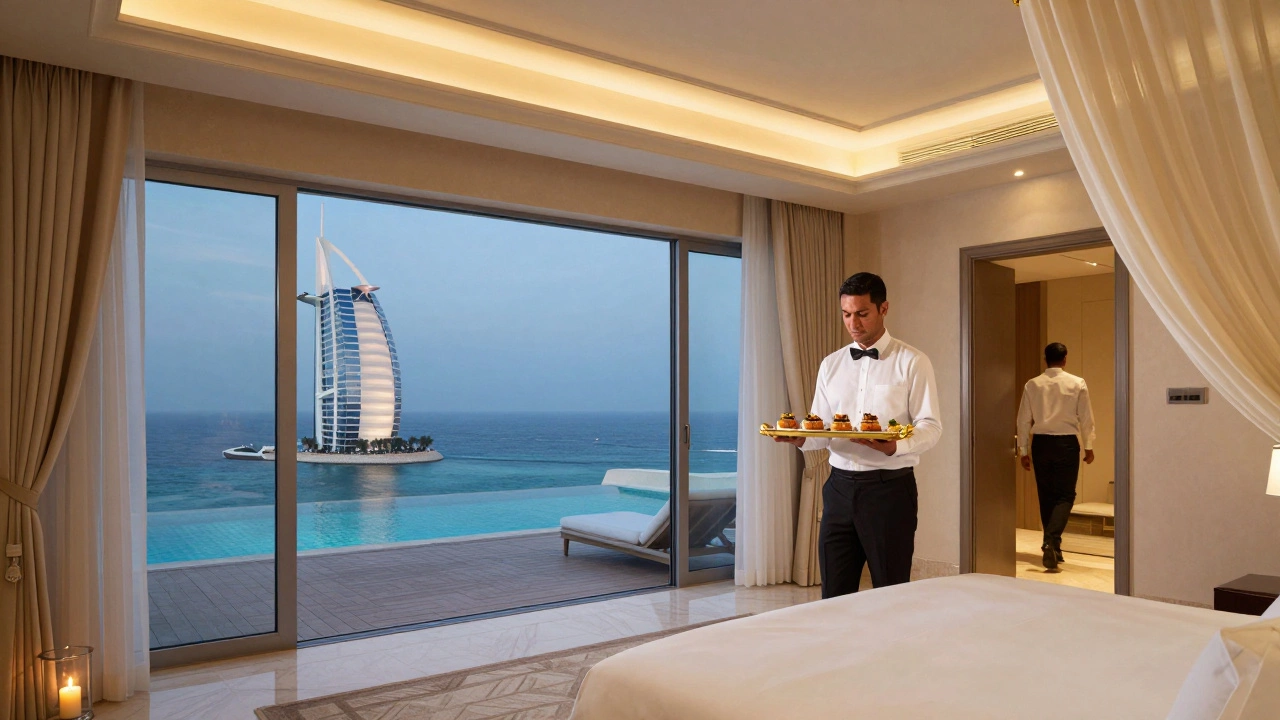 Роскошный люкс с двухэтажной спальней, частным бассейном на террасе и золотыми подносами с едой.