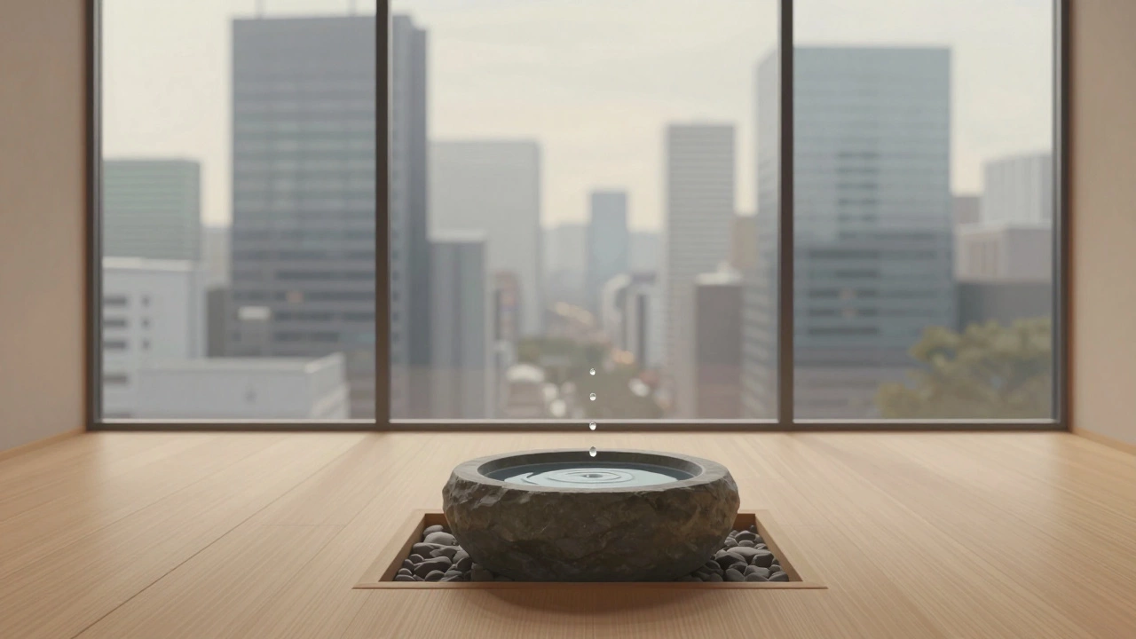 Спокойная японская спа-зона с отражением города в стекле и каплей воды.