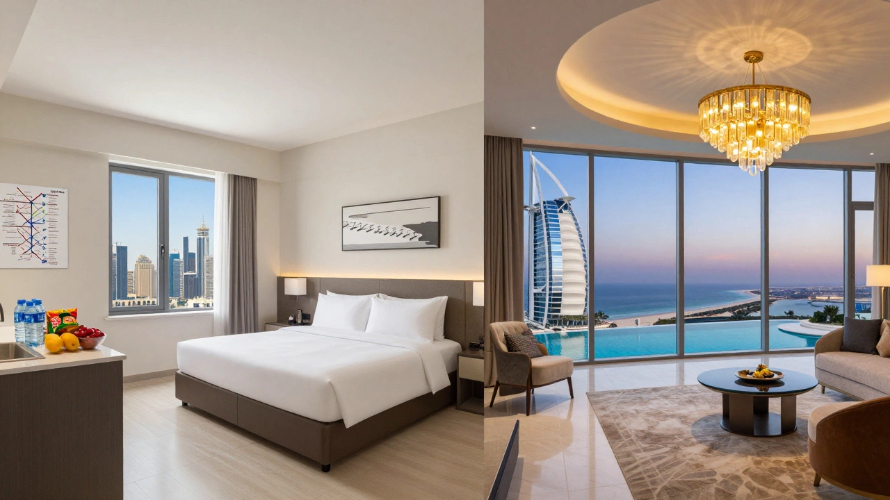 Сравнение бюджетного номера с кухней и люксового отеля на Пальме с видом на море