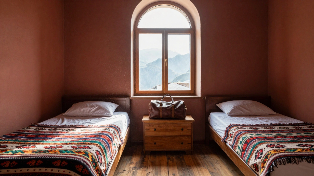 Светлая комната хостела в Грузии с видом на горы