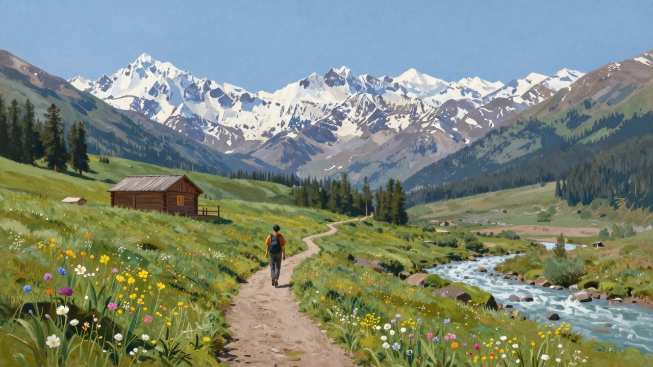 Тихая тропа в Алтае ведёт к горам, рядом — речка, поляна с цветами и деревянный домик, летний день.