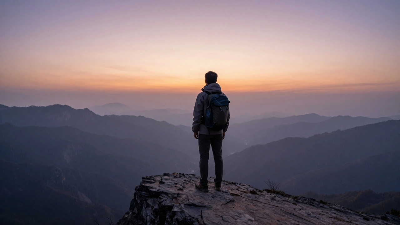 Турист смотрит на горный пейзаж на рассвете